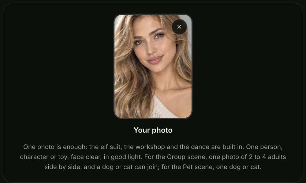 Step 1 on the Elf Dance AI page: one photo added to the photo box, with the photo tips underneath