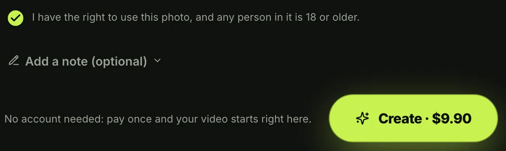 Step 4 on the Elf Dance AI page: the consent box already ticked, the optional note and the Create · $9.90 button