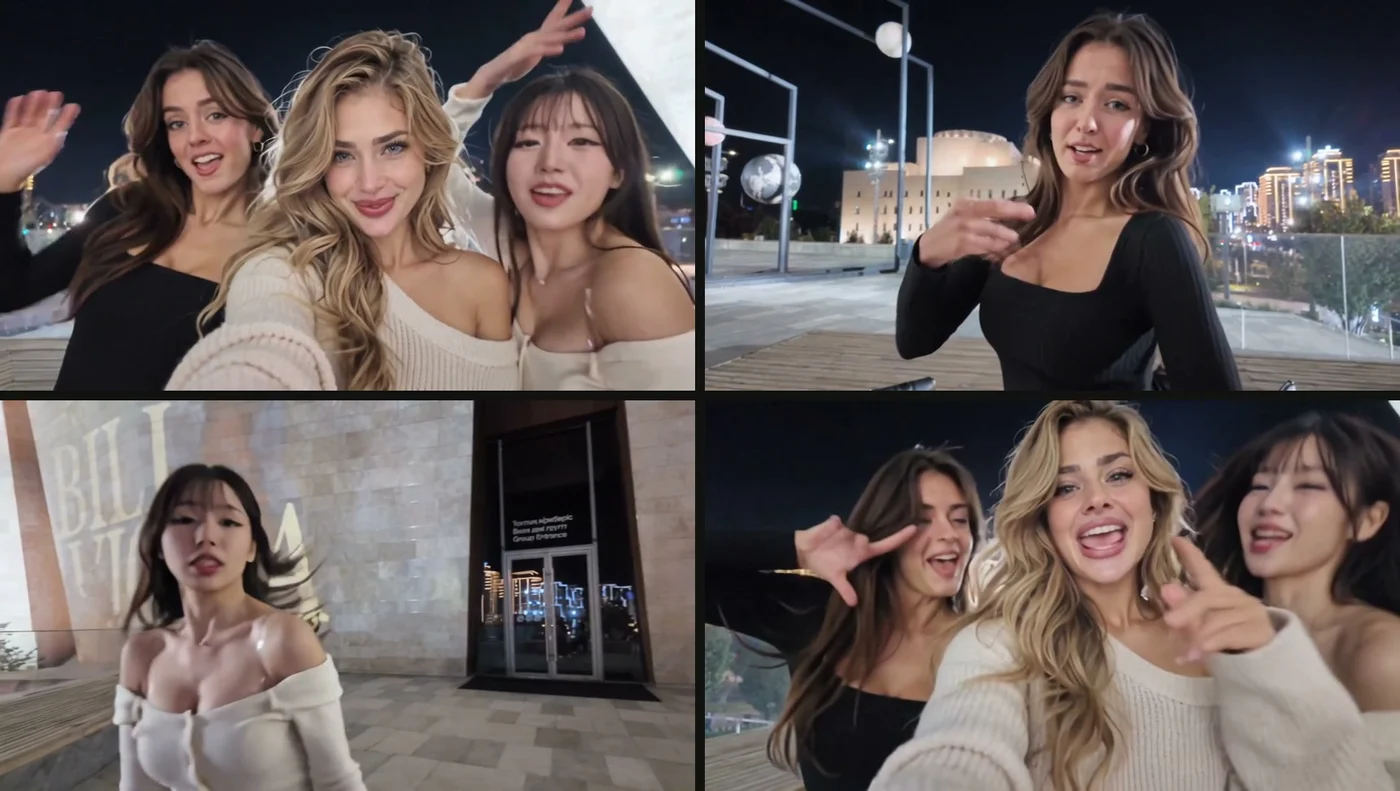 Four moments from one Gangnam Style AI video: the opening selfie, the left friend's solo, the right friend's hair flip and the closing selfie