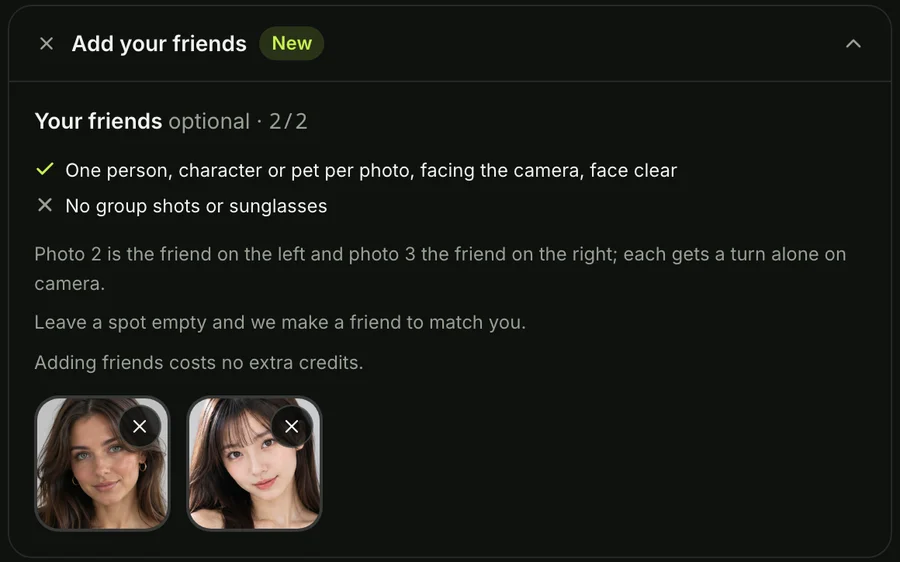 Step 2 on the Gangnam Style AI generator: the second and third photo boxes, for the friend on the left and the friend on the right, with photos added