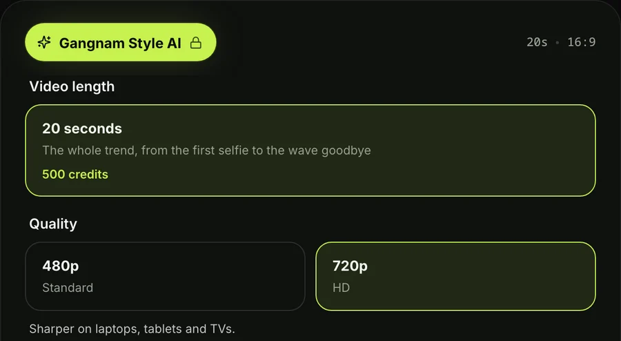 Step 3 on the Gangnam Style AI generator: 720p chosen, with 20s and 16:9 shown above it