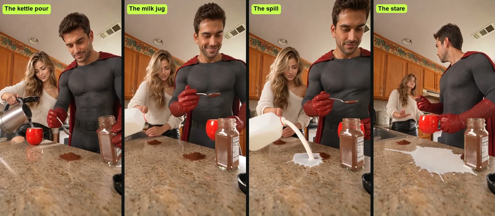 Four moments from one Homelander Milk AI video: the kettle pour, the milk jug, the spill on the counter, and the caped hero's stare