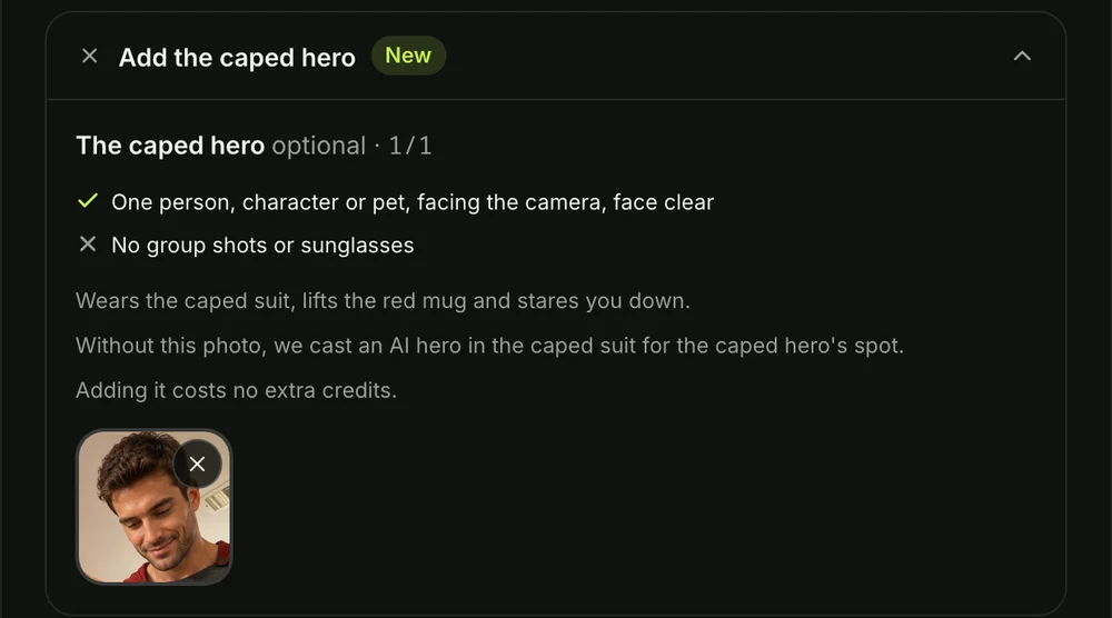 Step 2 on the Homelander Milk AI generator: the second photo added for the caped hero
