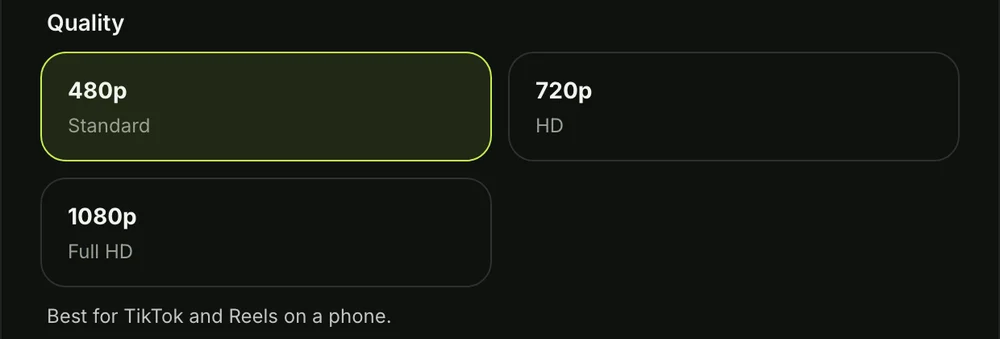 Step 3 on the Homelander Milk AI generator: the 480p, 720p and 1080p quality choices