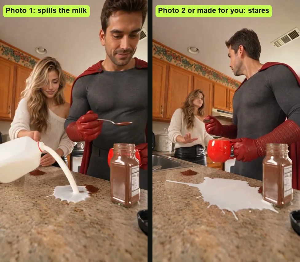 Who spills and who stares in a Homelander Milk AI video: photo 1 pouring the milk onto the counter, and the caped hero, from photo 2 or made by the page, staring with the red mug