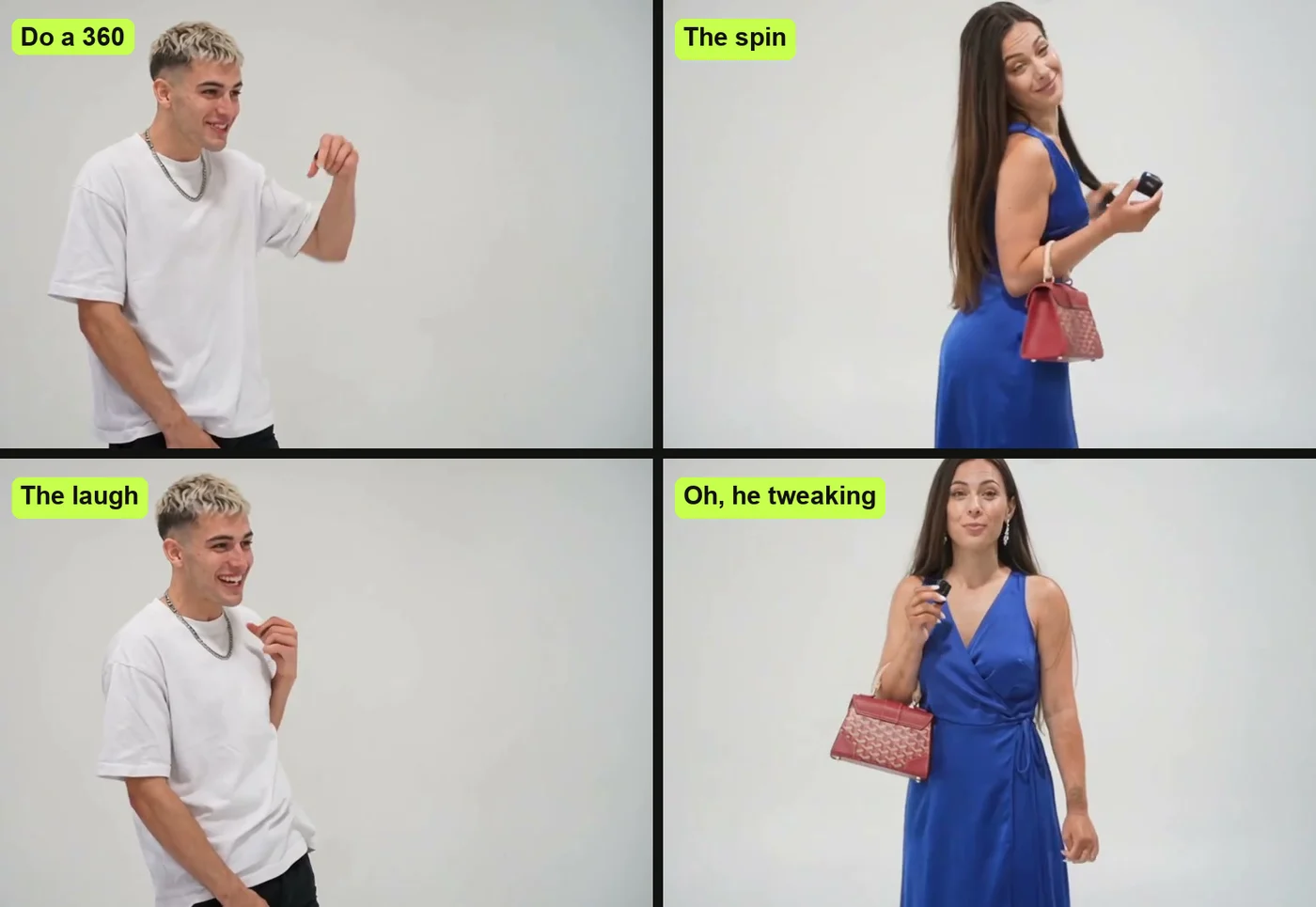 Four moments from one Oh You Can Make It Cap AI video: the ask for the 360, the spin with a hair flip, the laugh, and Oh, he tweaking to the camera