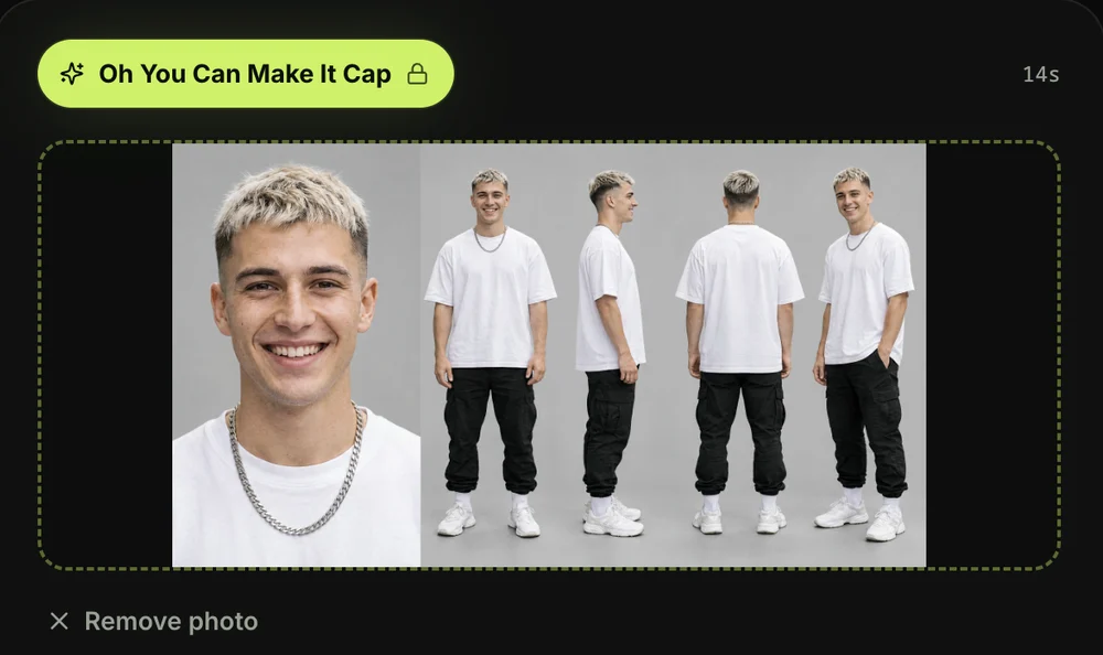 Step 1 on the Oh You Can Make It Cap AI generator: the first photo added in the photo box