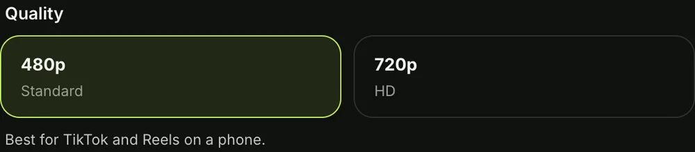 Step 3 on the Oh You Can Make It Cap AI generator: the 480p and 720p quality choices, with 480p selected