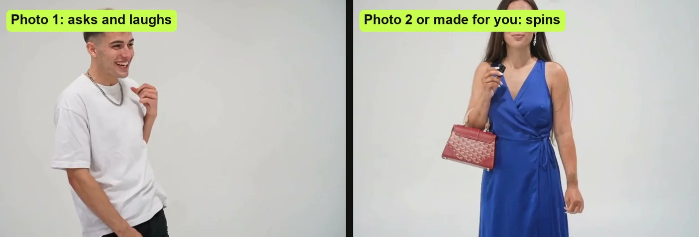 Who laughs and who spins in an Oh You Can Make It Cap AI video: photo 1 laughing, and the spinner, from photo 2 or made by the page, talking to the camera