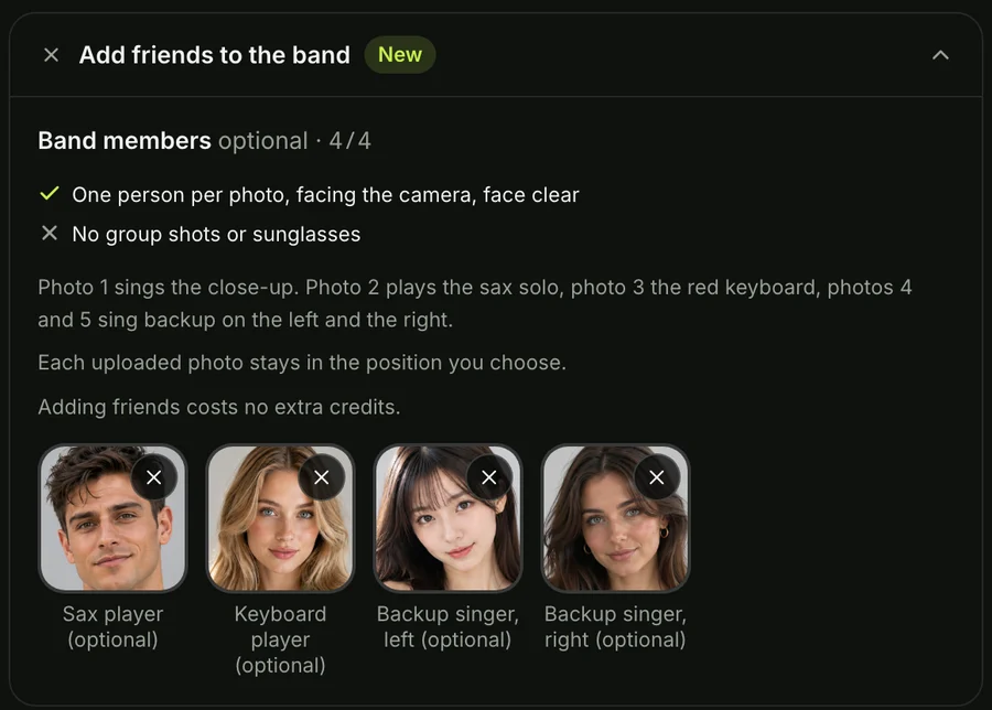 Step 2 on the Outstanding Tiny Desk AI page: Add friends to the band open, with photos for the sax player, the keyboard player and the two backup singers