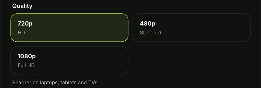 Step 3 on the Outstanding Tiny Desk AI page: the quality choice, 720p HD selected, with 480p and 1080p beside it