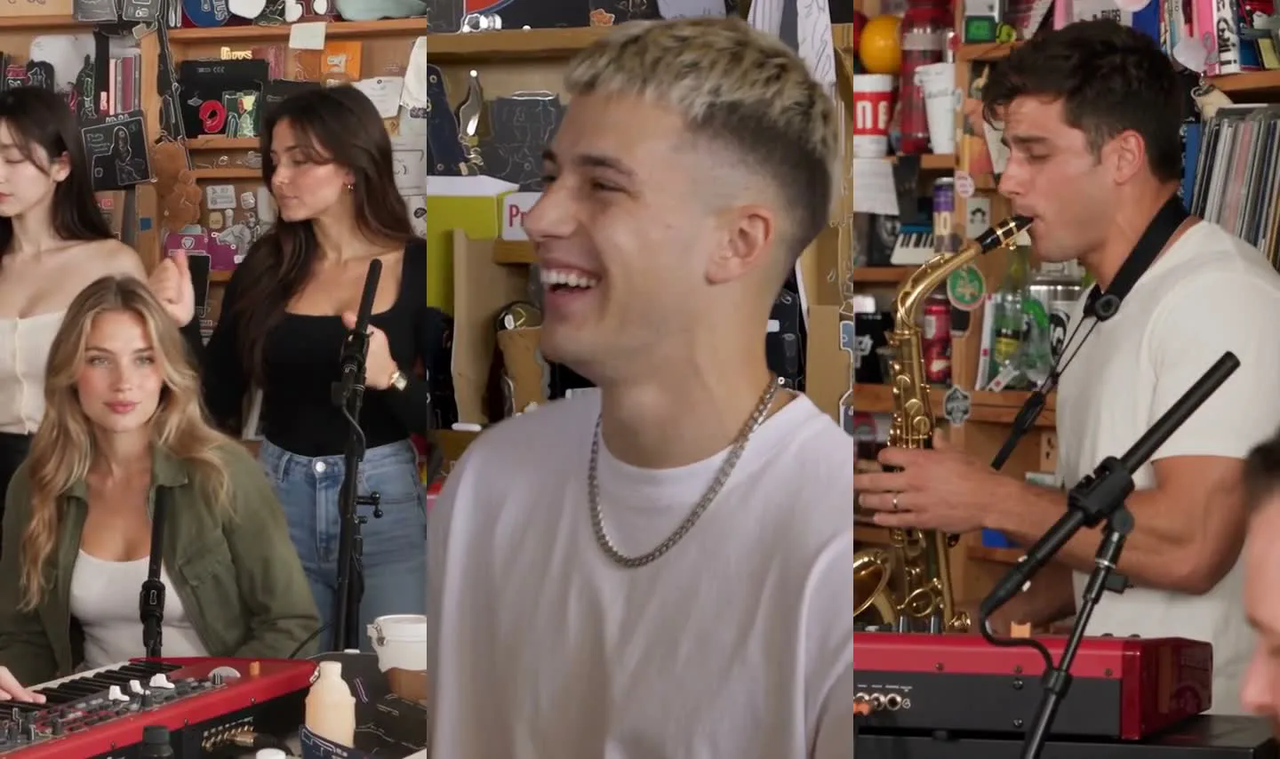 Three moments from one Outstanding Tiny Desk AI video: the band at the red keyboard, the lead singer's laughing close-up and the sax solo