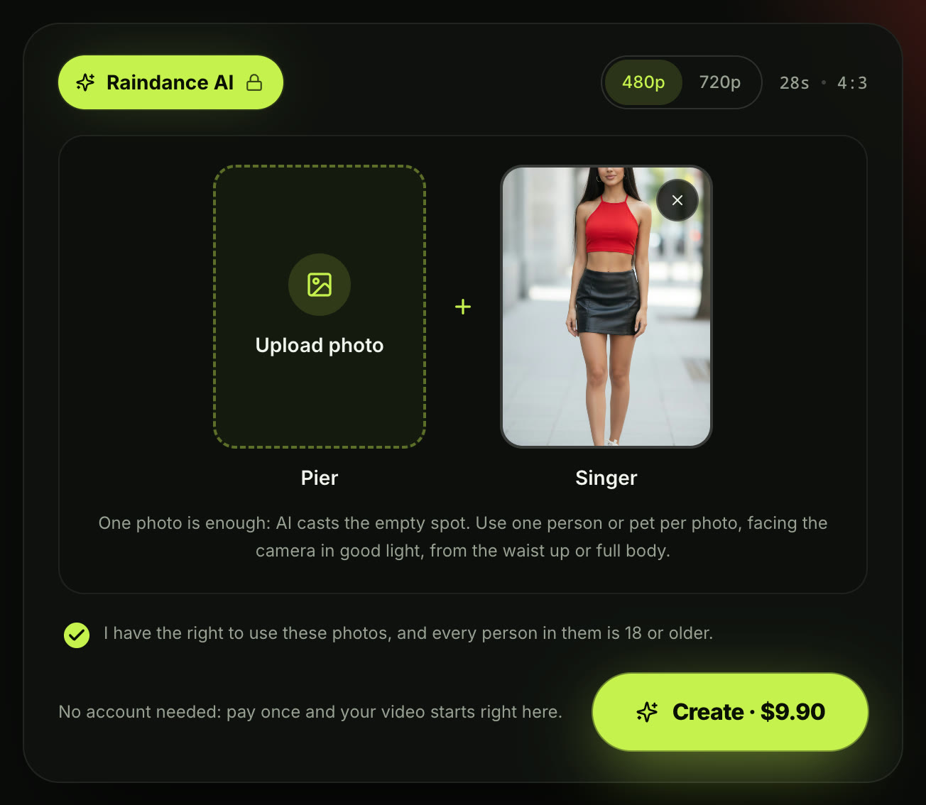 Raindance AI generator on Seadanse, signed out: one photo of a woman in the Singer spot, the Pier spot empty with its Upload photo button, the consent box ticked and the Create · $9.90 button