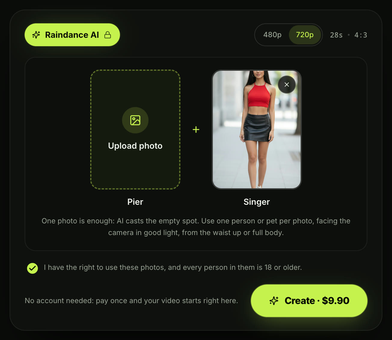 Raindance AI generator on Seadanse with 720p picked: the 28s · 4:3 line, one photo in the Singer spot, and the Create · $9.90 button beside the No account needed line