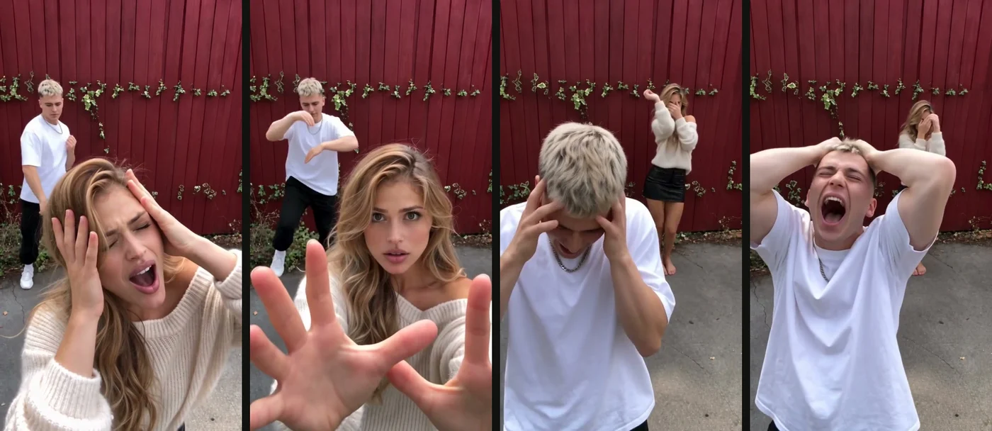 Four moments from one Smalltown Boy AI video: hands on the head, palms at the lens, the trade at 7 seconds, and the second close-up