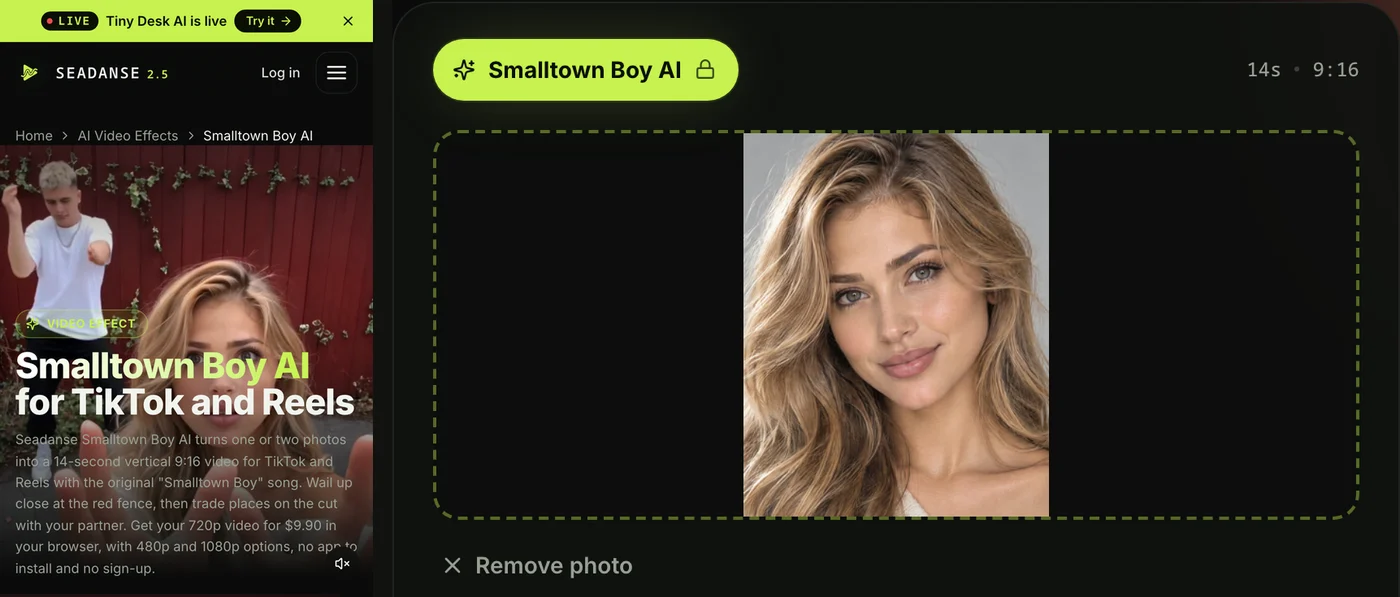 Step 1 on the Smalltown Boy AI generator: the page open on a phone, and the first photo added in the photo box