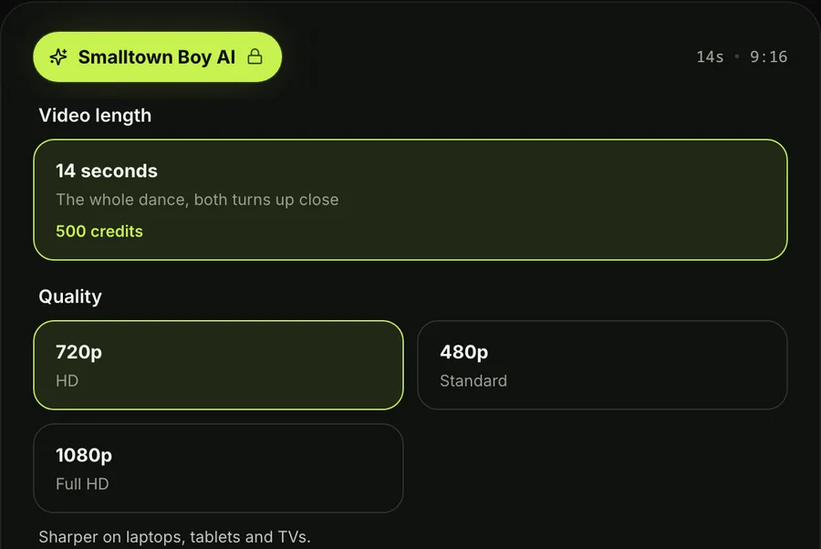 Step 3 on the Smalltown Boy AI generator: 720p chosen, with 14s and 9:16 shown above it