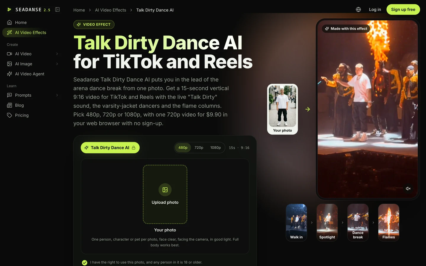 The live Talk Dirty Dance AI page on Seadanse in a desktop browser: the title, the photo box set to 480p with 15s · 9:16, and the sample video of the concert stage with its Walk in, Spotlight, Dance break and Flames frames