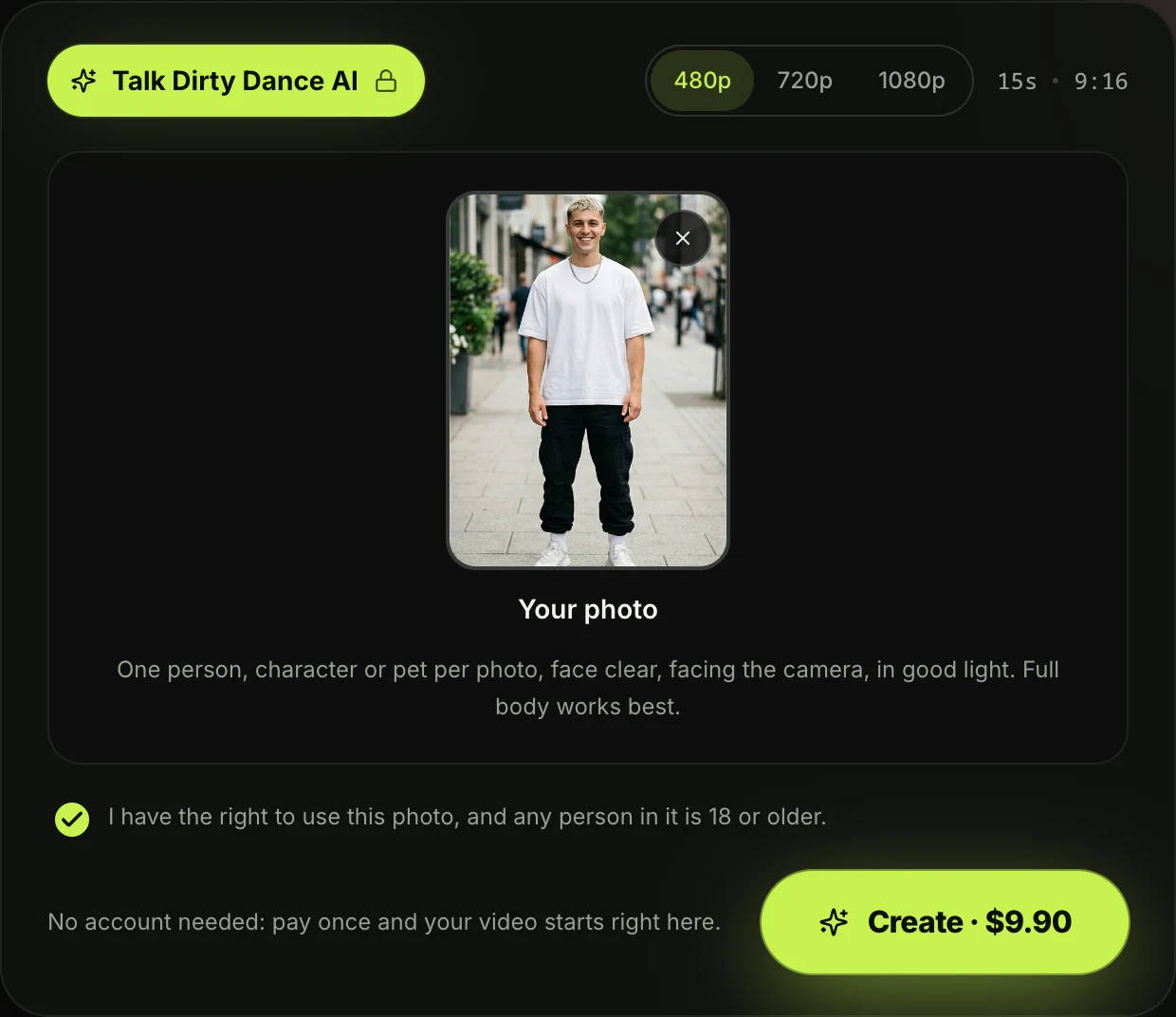 Step 1 on the Talk Dirty Dance AI generator: a full-length photo of a young man in a white T-shirt in the photo box, the consent box ticked, 480p chosen and the Create · $9.90 button