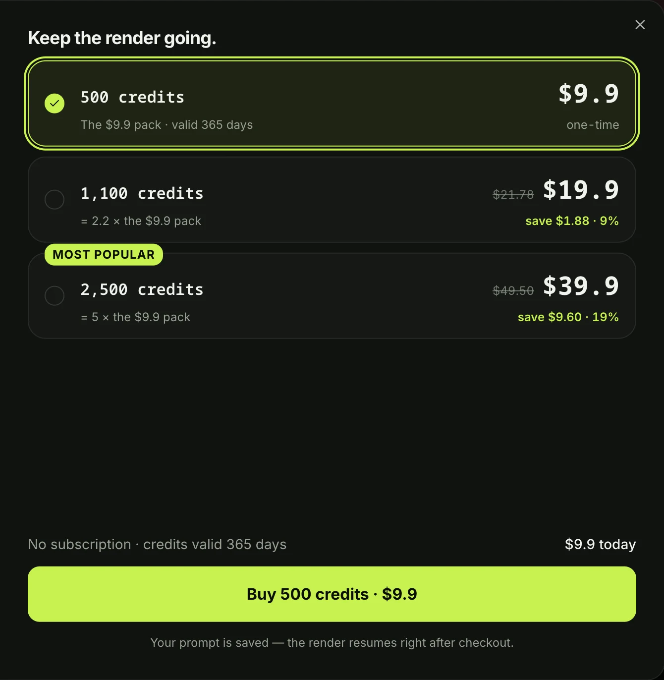 Step 3 on the Talk Dirty Dance AI page: the credit packs window that opens after Create, with the 500-credit pack picked, paid once and with no subscription