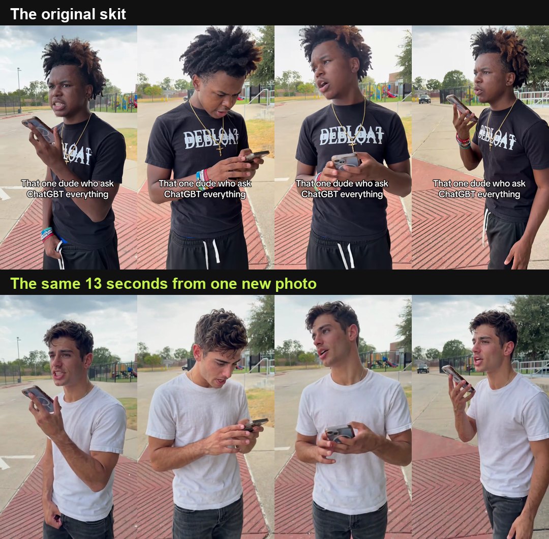 The original ChatGPT millionaire skit above and the same 13 seconds made from one new photo below, at the same four moments: same parking lot, same phone, same moves, new lead