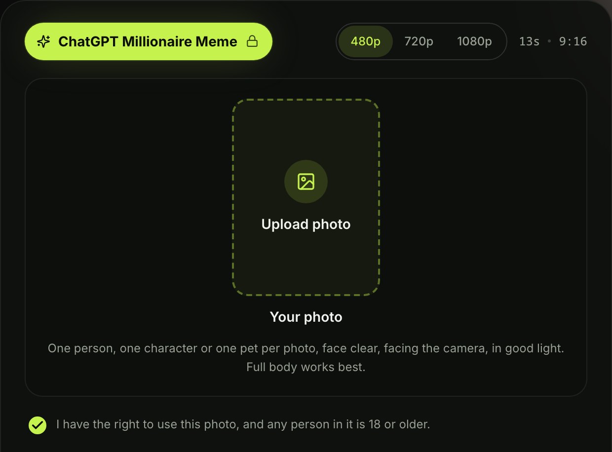 The ChatGPT Millionaire Meme generator on Seadanse before upload: 480p picked, 13s · 9:16, the Upload photo box under Your photo, the photo line and the tick box