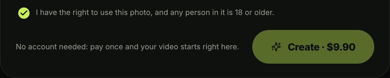 The Create button on the Seadanse ChatGPT millionaire meme page with its price, next to the line No account needed: pay once and your video starts right here