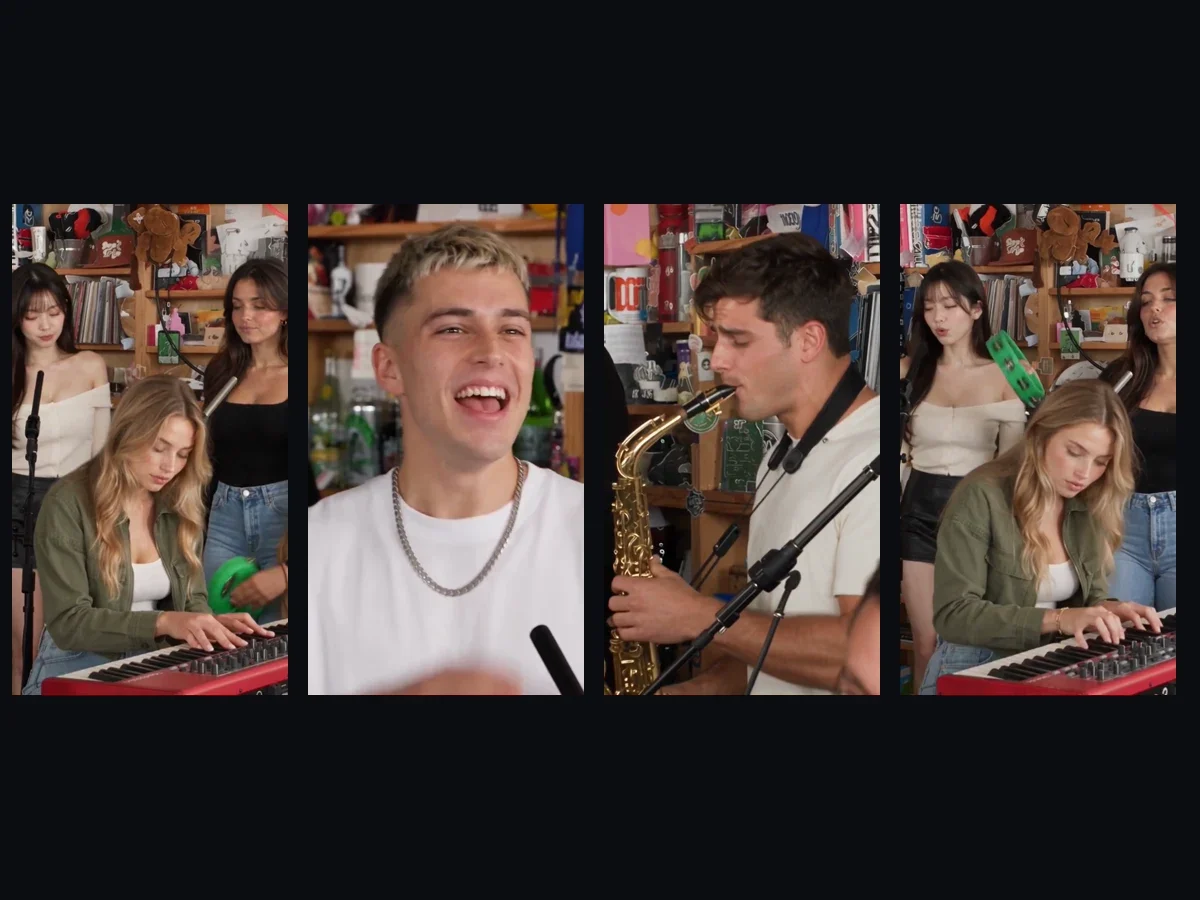 Four moments from one Tiny Desk AI video: the band at the red keyboard, the laughing close-up, the sax solo and the band again