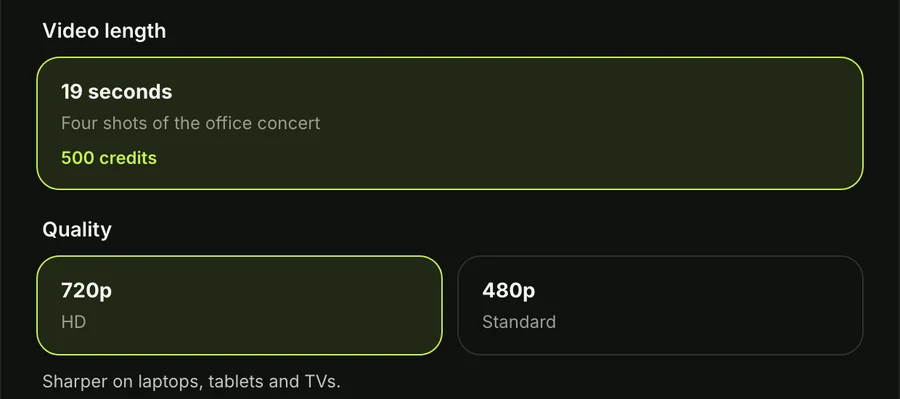 Step 3 on the Tiny Desk AI generator: 720p chosen, with the 19-second video length and 500 credits above it