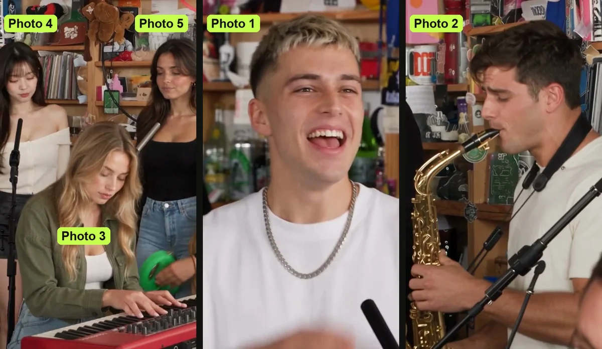 Who plays what in a Tiny Desk AI video: the band shot labelled photo 3 at the red keyboard, photo 4 backup left and photo 5 backup right, beside the close-up labelled photo 1 and the sax solo labelled photo 2