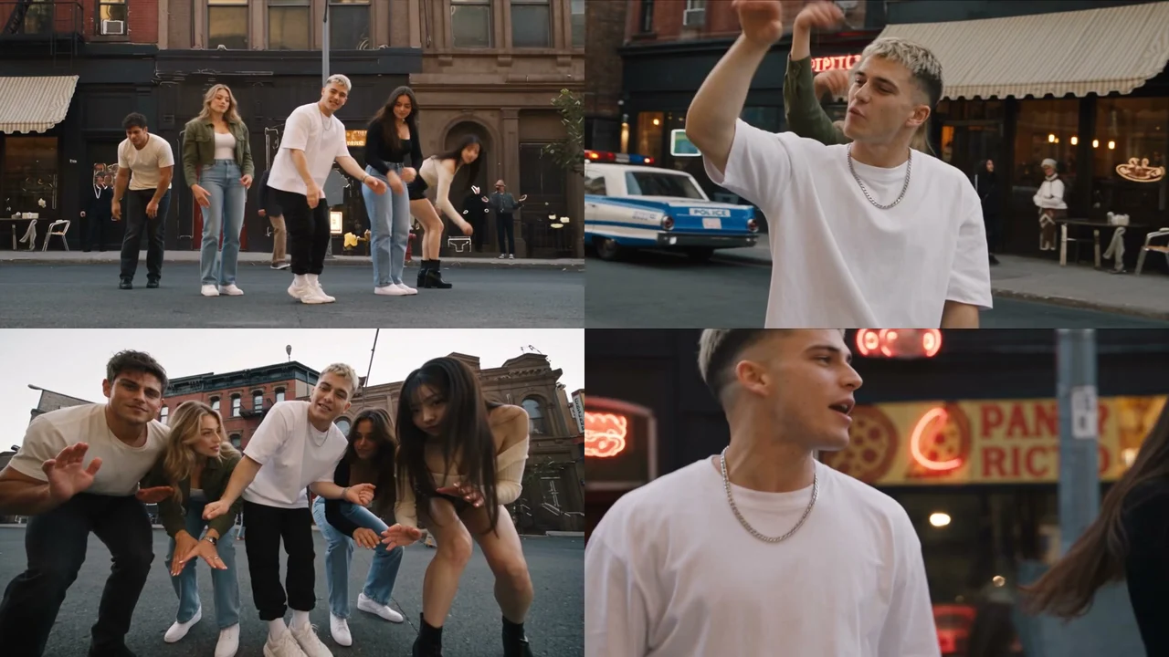 Four moments from one Uptown Funk AI video: the row with arms up, the lead's solo shot, the low-angle crouch and the lead's close-up