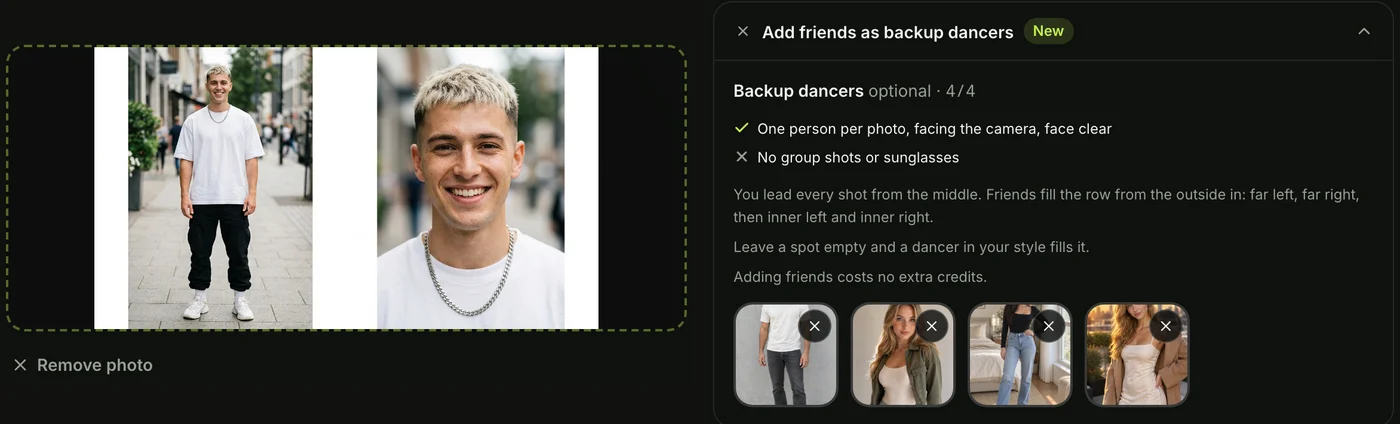 Step 1 on the Uptown Funk AI generator: a photo in the Lead (middle) box and four backup dancer photos added below it
