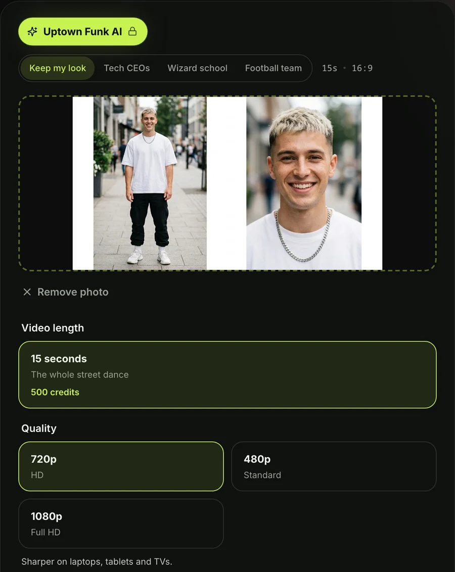 Step 3 on the Uptown Funk AI generator: 720p chosen, with 15 seconds and 16:9 shown above it