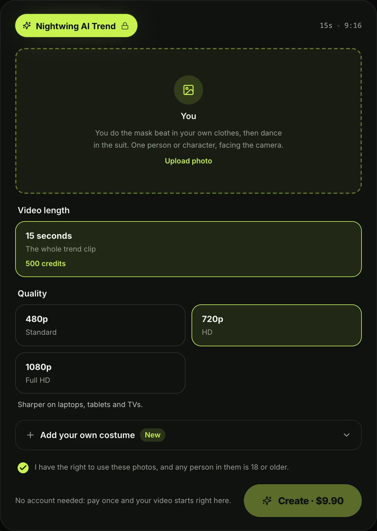 The Nightwing AI trend generator on Seadanse: the Upload photo box, 15 seconds for 500 credits, 720p picked, the Add your own costume option and the Create · $9.90 button