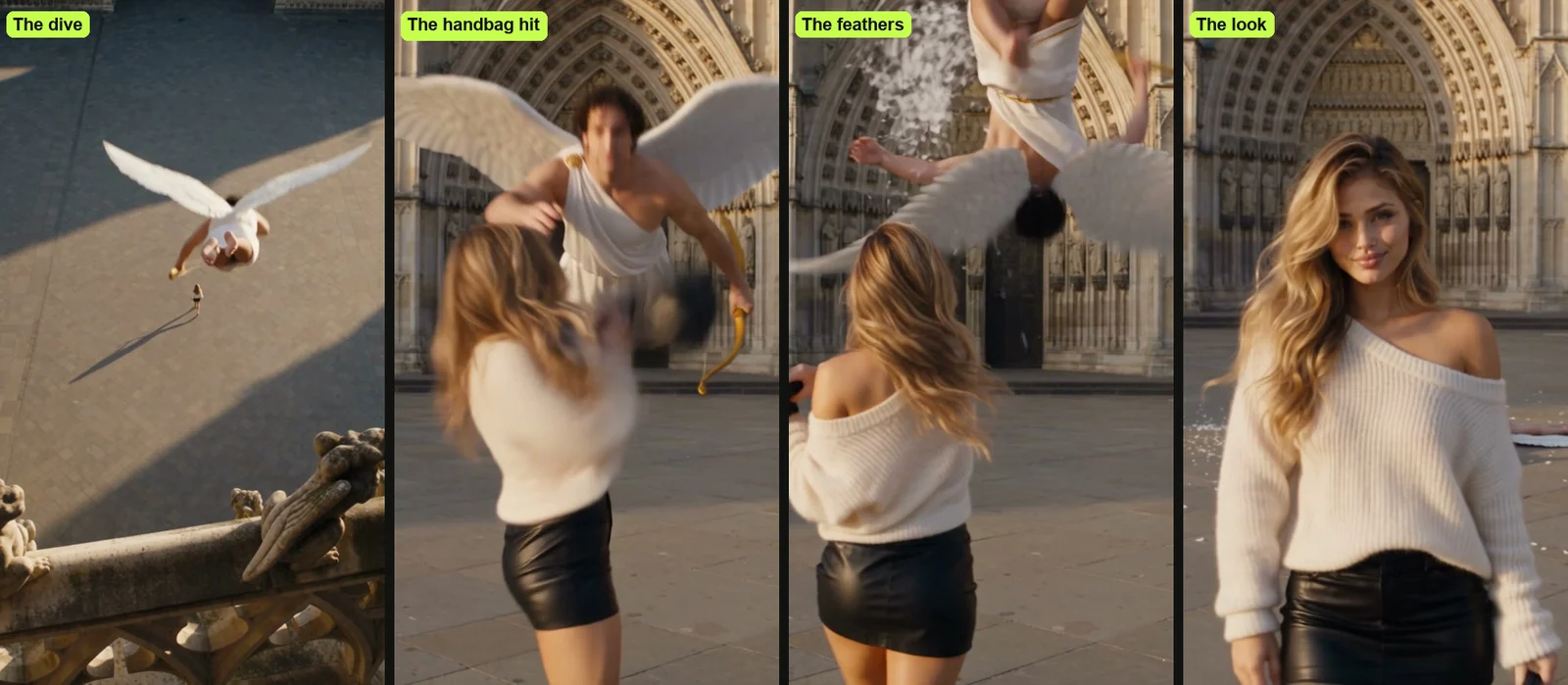Four moments of the Not Today Cupid meme as our AI Cupid Trend page makes it: the dive off the cathedral ledge, the handbag hit, the burst of white feathers, and the calm look into the lens