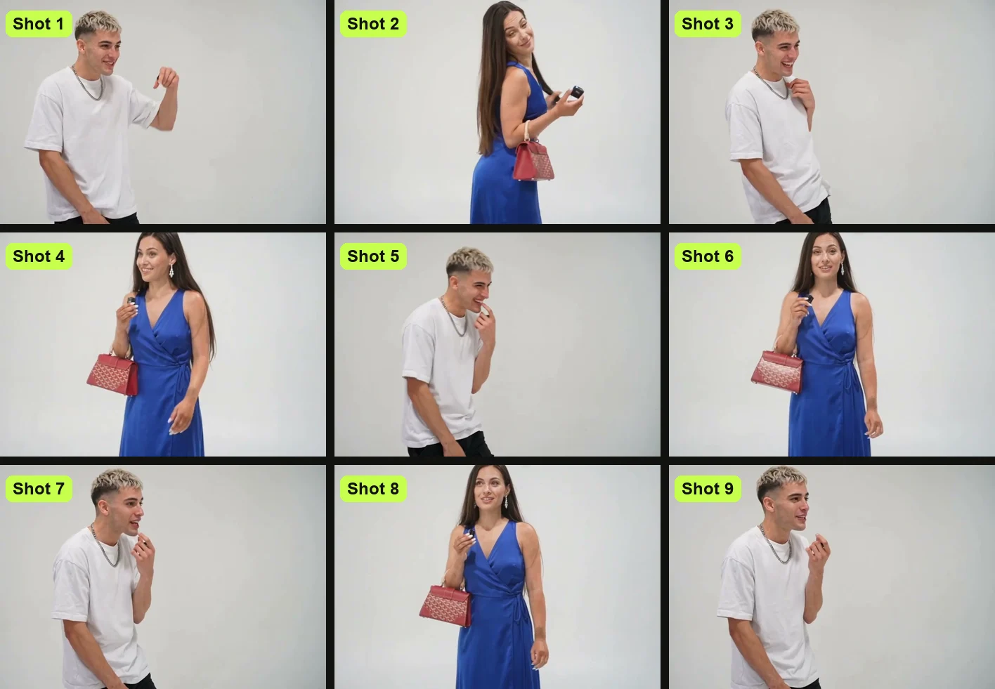 The nine shots the Oh You Can Make It Cap AI prompt is built on, one frame per shot in order, the two people in the white studio