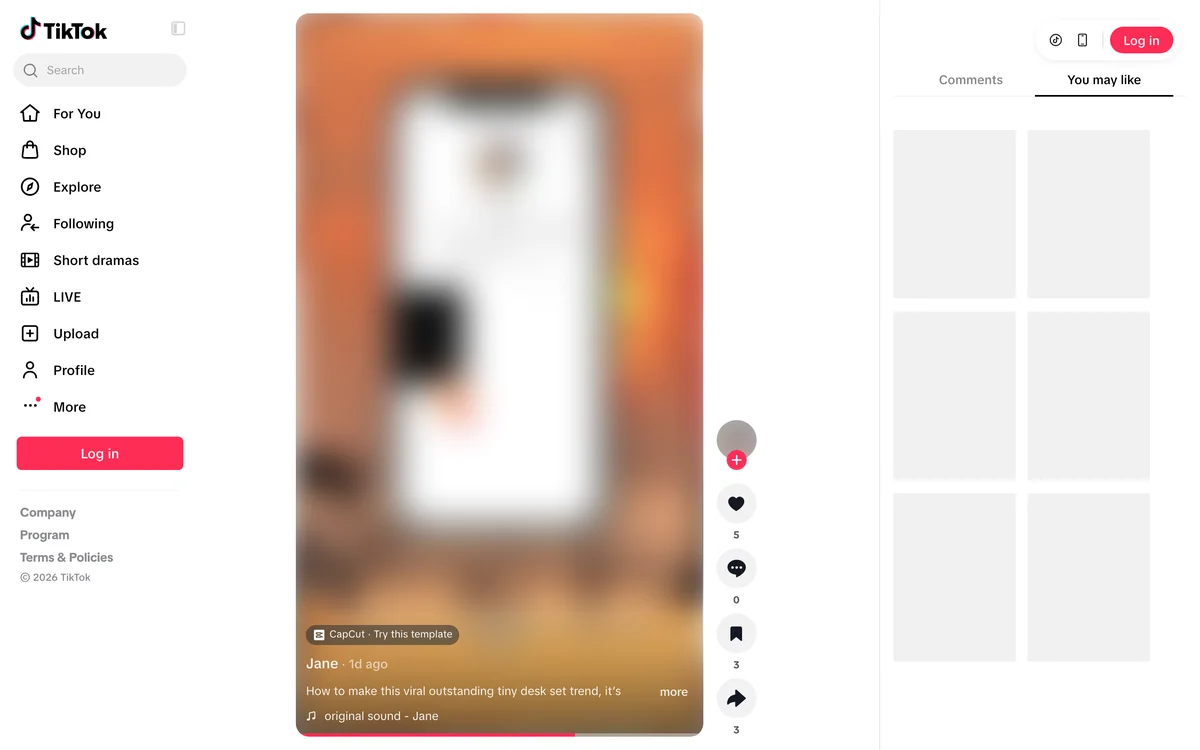 A TikTok tutorial for the Outstanding Tiny Desk AI template, with the CapCut template link in the corner of the video, the video blurred