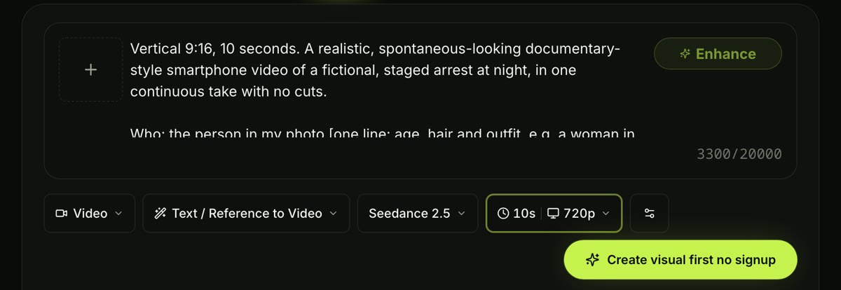 Seadanse image to video AI with a police arrest AI prompt pasted in, Text / Reference to Video mode, Seedance 2.5 and the settings on 10 seconds and 720p