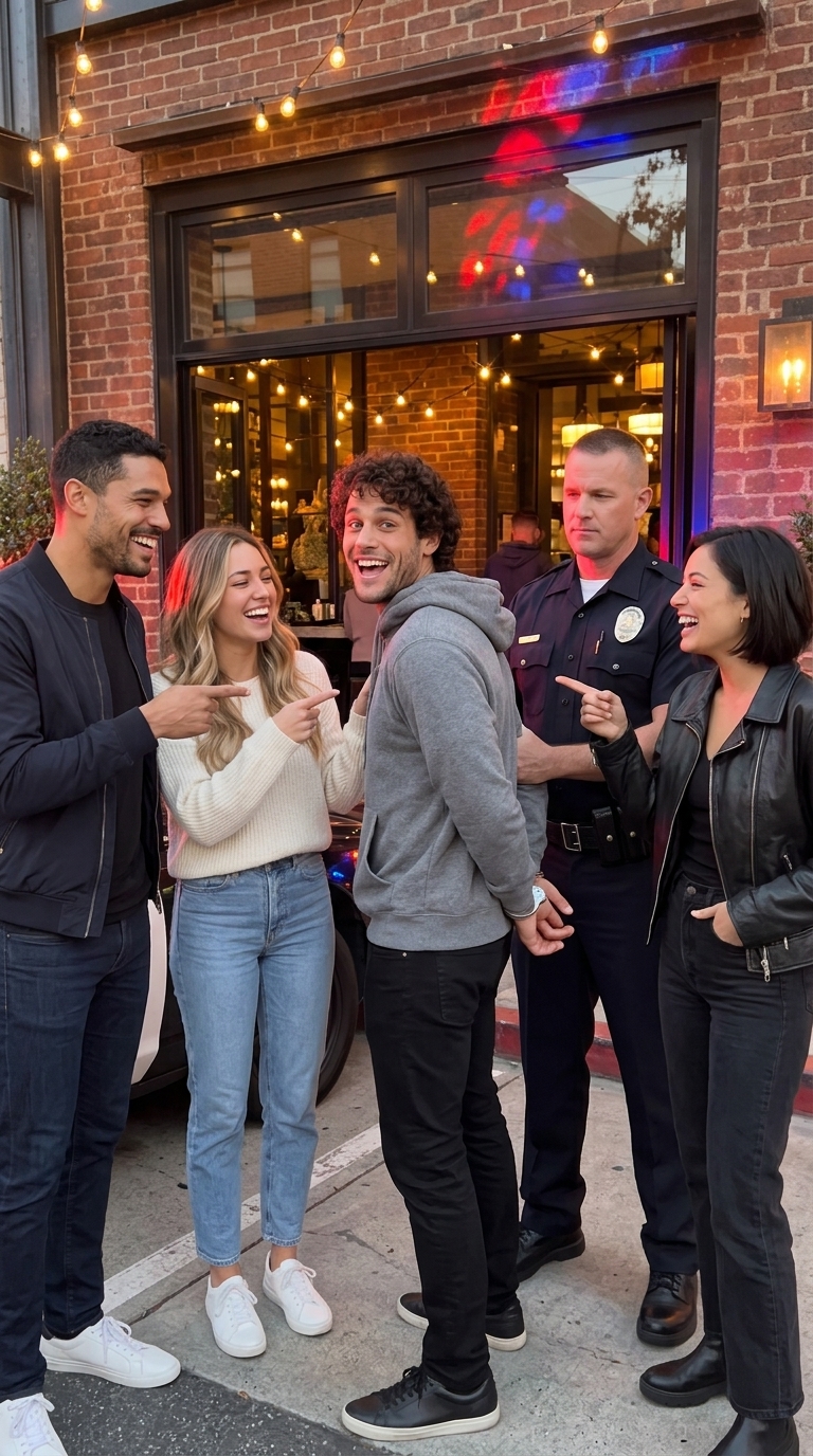 Police arrest AI photo made with Nano Banana 2: an officer has cuffed one of four friends outside a restaurant, and the cuffed friend grins back at the camera while the others laugh