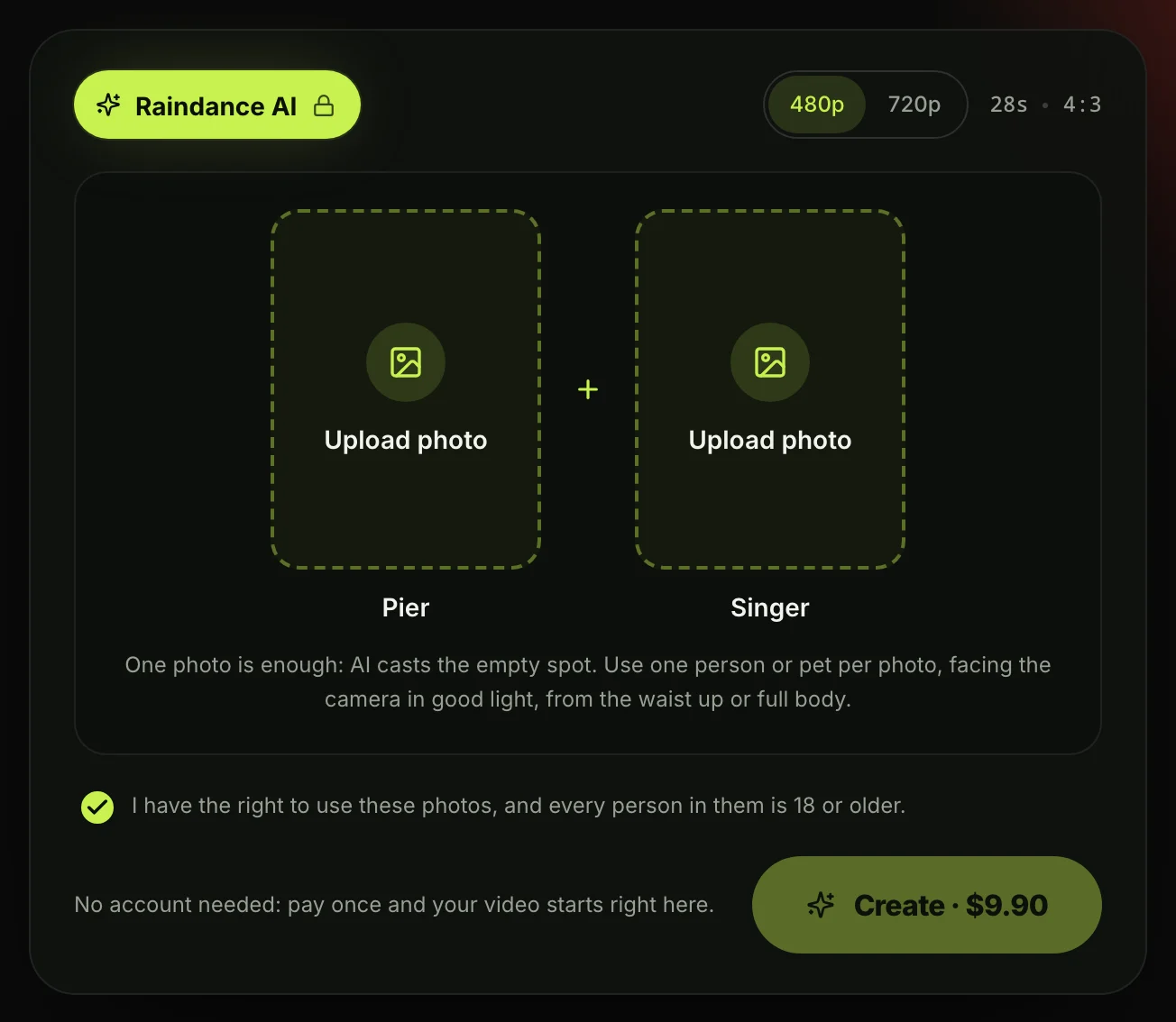 The Raindance AI generator on Seadanse, signed out: Pier and Singer photo boxes, 480p or 720p, 28s · 4:3, a consent box and a Create · $9.90 button