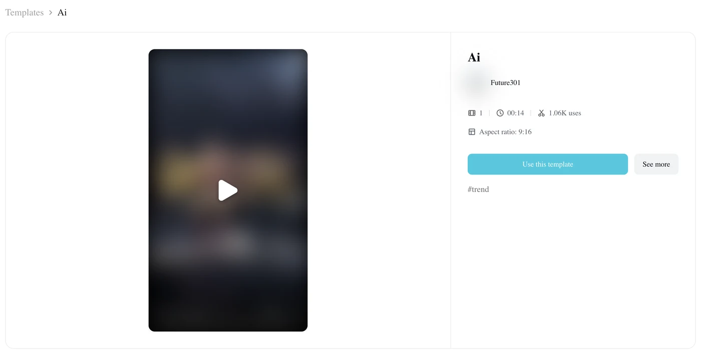 The second Talk Dirty dance CapCut template, Ai by Future301, showing 1 photo slot, 00:14, 1.06K uses and the Use this template button, with the preview and the maker's picture blurred