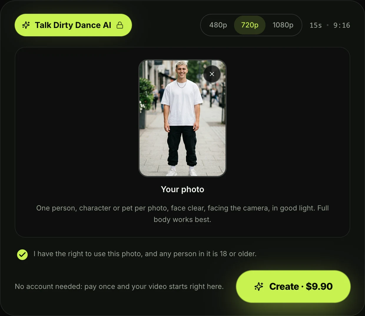 Seadanse's Talk Dirty Dance AI composer at 720p with a full-body photo added, the consent box ticked and Create · $9.90 on the button