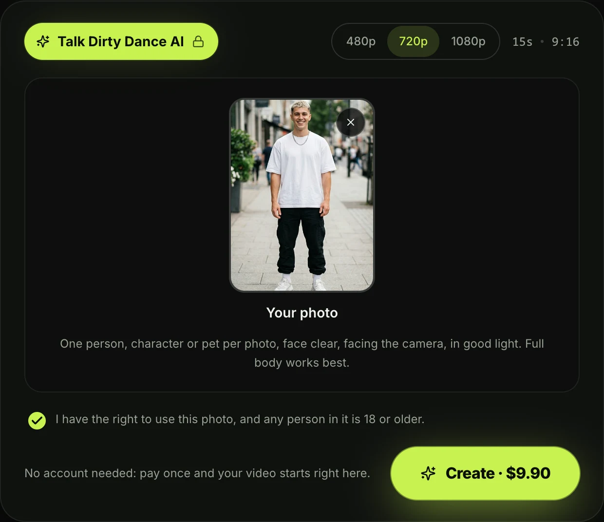 The Talk Dirty Dance AI generator on Seadanse with a full-body photo added, the consent box ticked, 720p picked and the price on the Create · $9.90 button