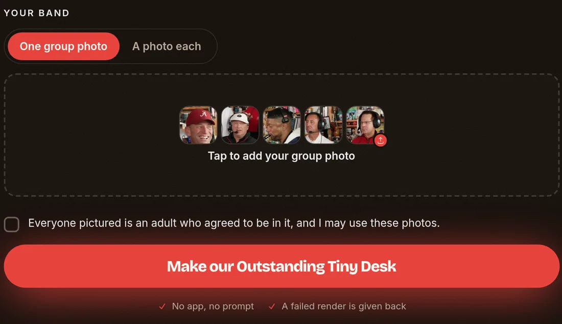 outstandingtinydesk.com's generator with its One group photo / A photo each switch and the group photo box, with its sample band thumbnails