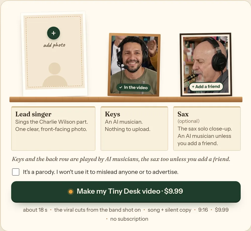 tinydeskai.video's generator: the lead singer photo box, the Keys box played by an AI musician and the optional Sax box, with its sample musicians and the $9.99 price