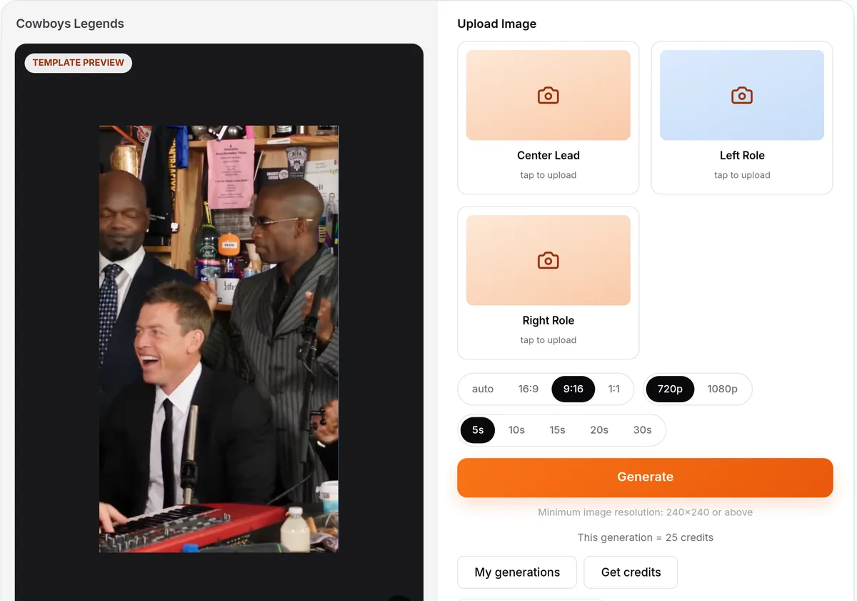viralreel.app's Tiny Desk Outstanding generator: the Center Lead, Left Role and Right Role photo slots, 9:16 and the length buttons, its Cowboys Legends template preview and the 25-credit cost of a 5-second 720p video
