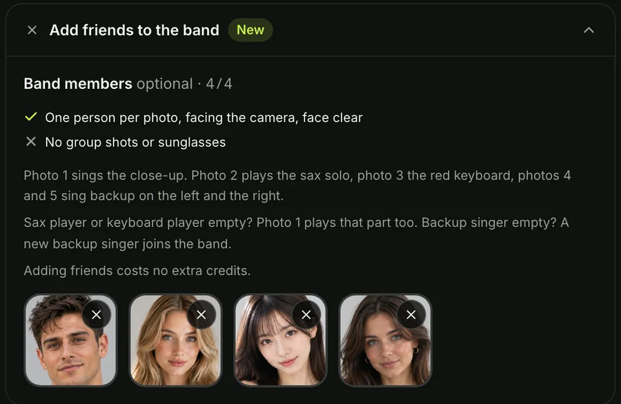 The Tiny Desk AI generator with photos added for the sax player, the keyboard player and the two backup singers