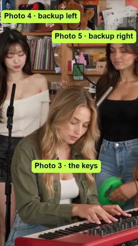 Who goes where in a Tiny Desk AI meme: the band shot labelled photo 3 at the keys, photo 4 backup left and photo 5 backup right