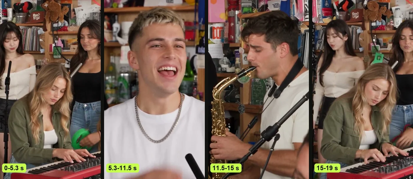 What the Tiny Desk AI prompt makes: four frames from our video, the band at the red keyboard, the close-up, the sax solo and the band again, labelled 0-5.3 s, 5.3-11.5 s, 11.5-15 s and 15-19 s
