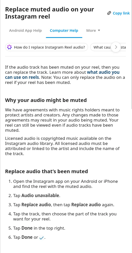 Instagram's own help page "Replace muted audio on your Instagram reel", with the Audio unavailable and Replace audio steps. Screenshot: Instagram Help Center, 27 Oct 2026